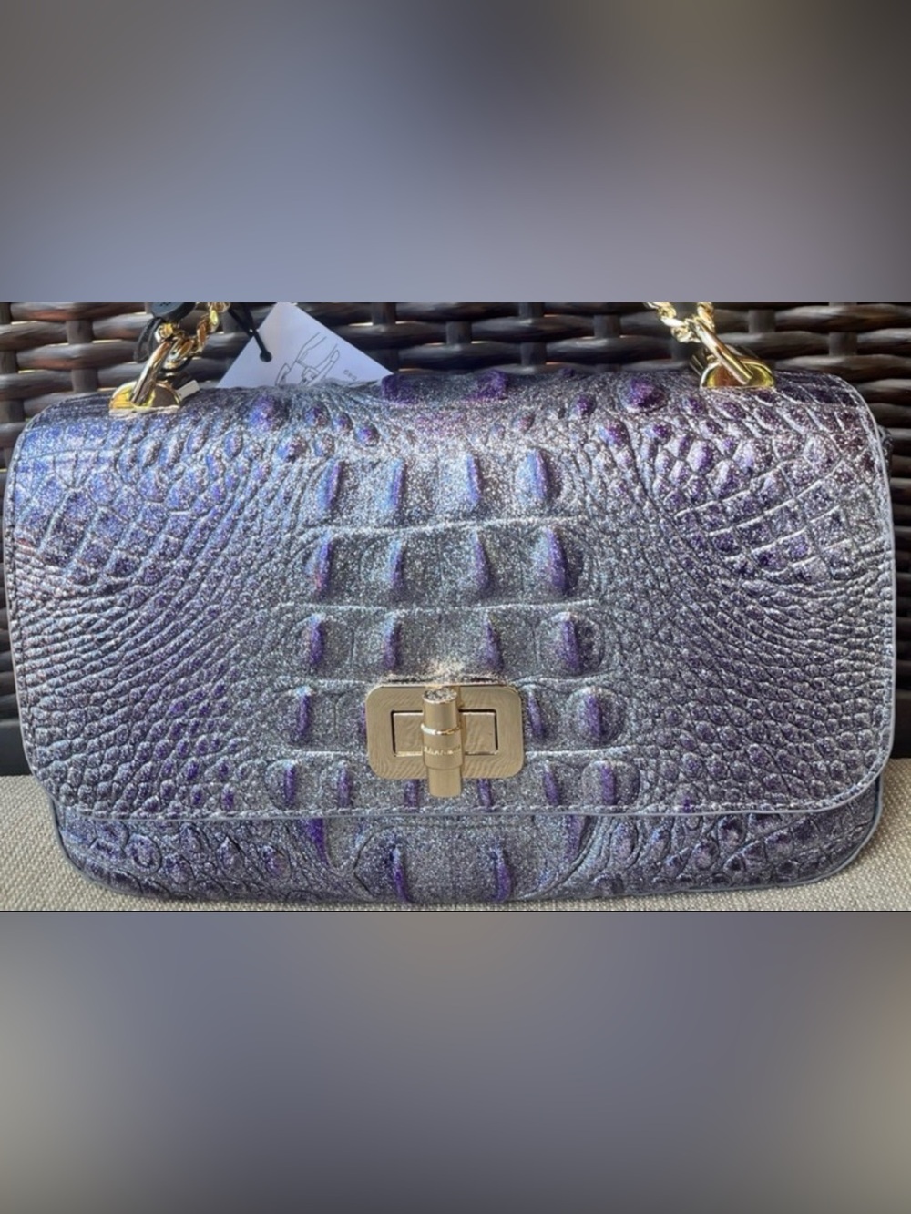 NWT Brahmin ROSA in PURPLE GLITTER Convertible Chain & Leather Strap Bag